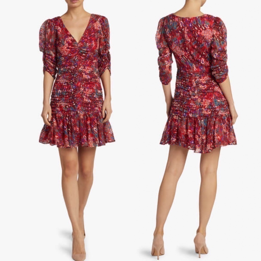 Tanya Taylor Womens Red Leopard Floral Print Pansy Silk Mini Ruffle Dress Sz 2